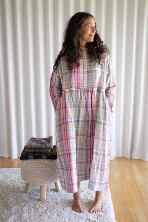限定　ICHI Antiquite's / linen one-piece GR ICHI ANTIQUITES Linen Check Dress - Pink | Garmentory