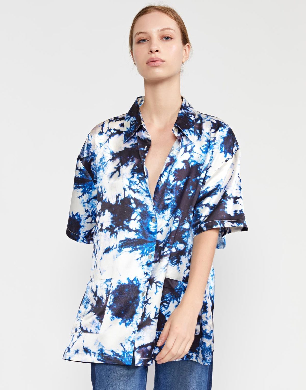 Cynthia Rowley Tie Dye Printed Silk Camp Shirt blue/white Garmentory