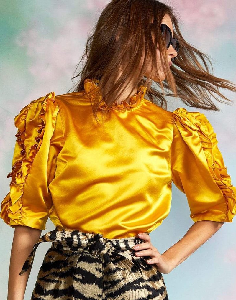 Cynthia Rowley Felicity Satin Ruffle Top Marigold Garmentory