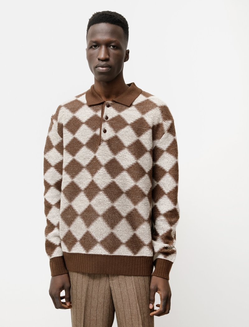 Needles Polo Sweater - Checkered Dark Brown | Garmentory Needles Polo Sweater - Checkered Dark Brown | Garmentory