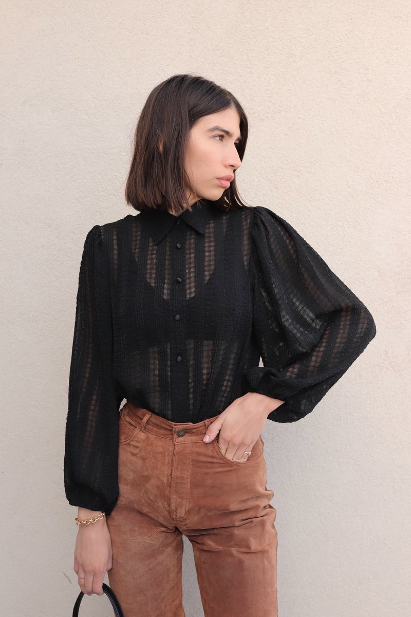FRNCH Sheer Balloon Sleeve Blouse - Black | Garmentory