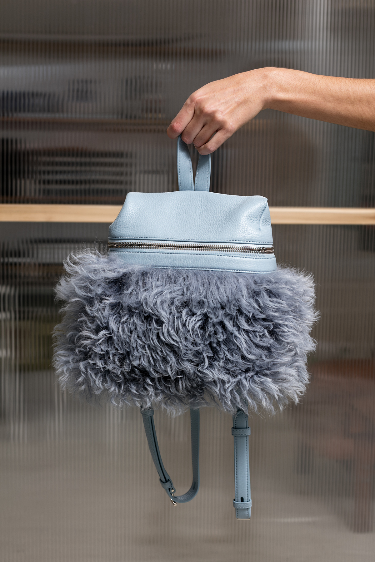 Kara Shearling Small Backpack - sky blue | Garmentory display picture 2