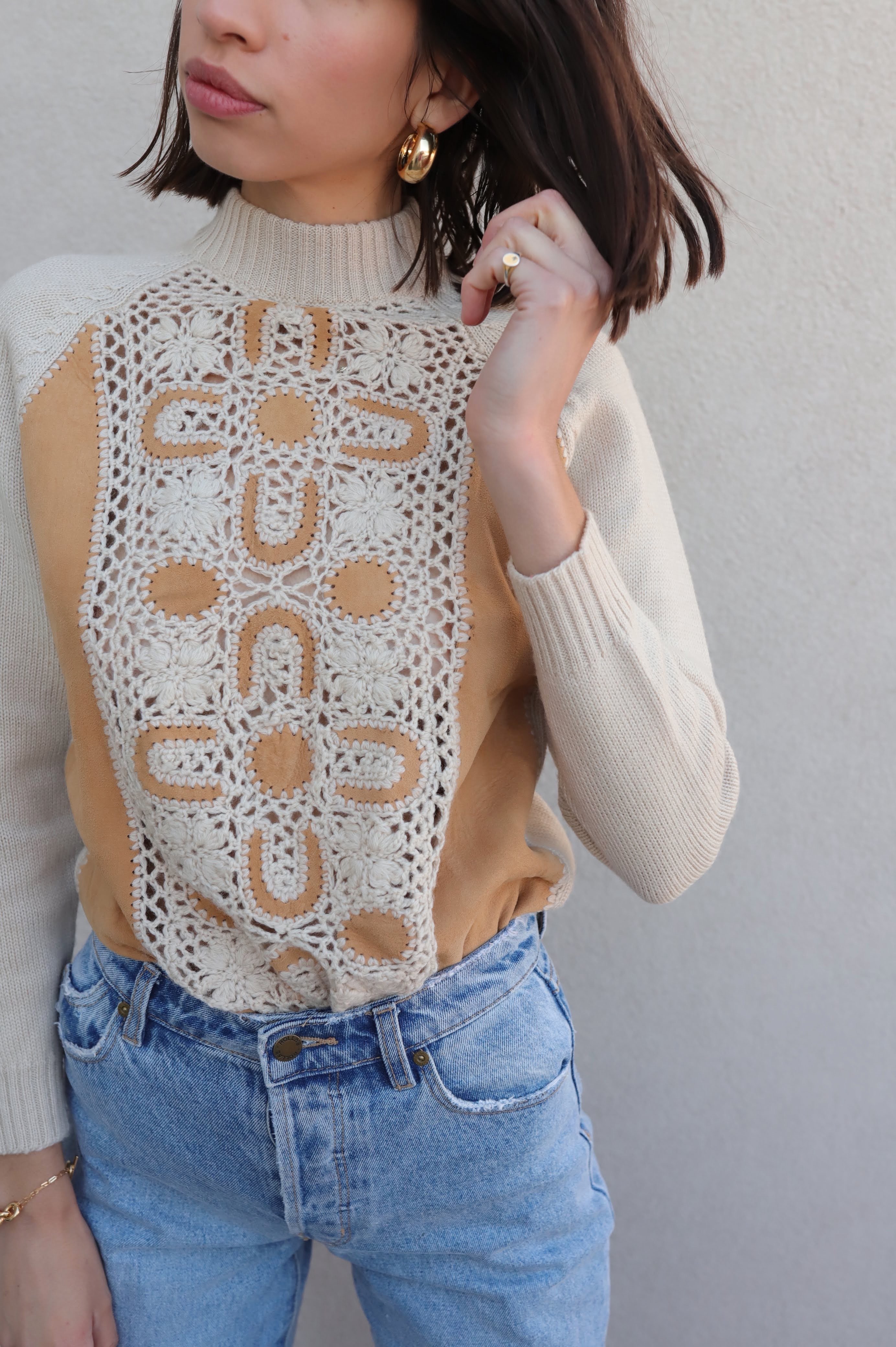 Dear Society 1970s Suede and Crochet Sweater Garmentory