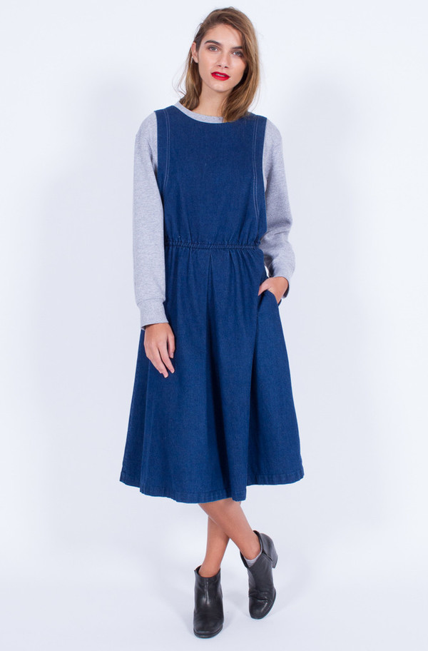 vintage denim pinafore dress Vintage Embroidered Denim Pinafore Dress L Petite Med Wash Maxi Buttons  Pockets