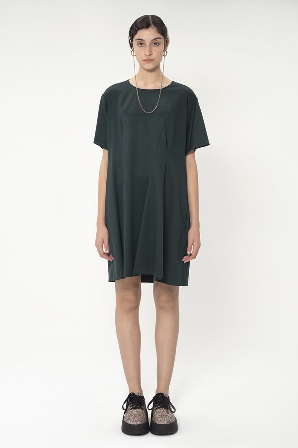 MM6 Maison Margiela Pleated Detailing Shift Dress - Dark Green | Garmentory