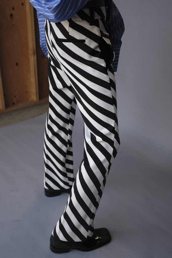 black and white striped flared trousers
