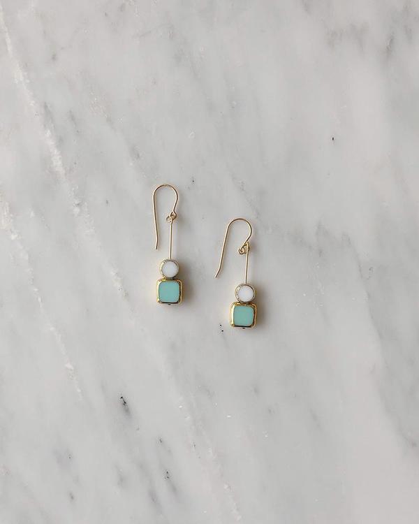 I. Ronni Kappos Stacked Square w/ Circle Earrings - Aqua/White