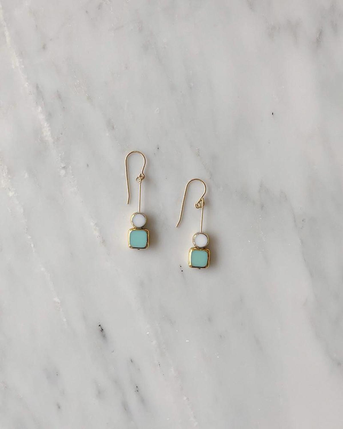 I. Ronni Kappos Stacked Square w/ Circle Earrings - Aqua/White - Image 1 of 2