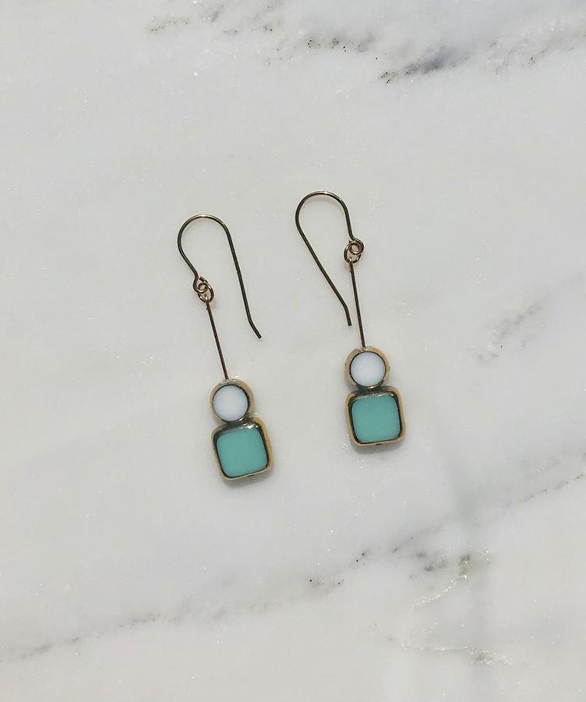 I. Ronni Kappos Stacked Square w/ Circle Earrings - Aqua/White - Image 2 of 2