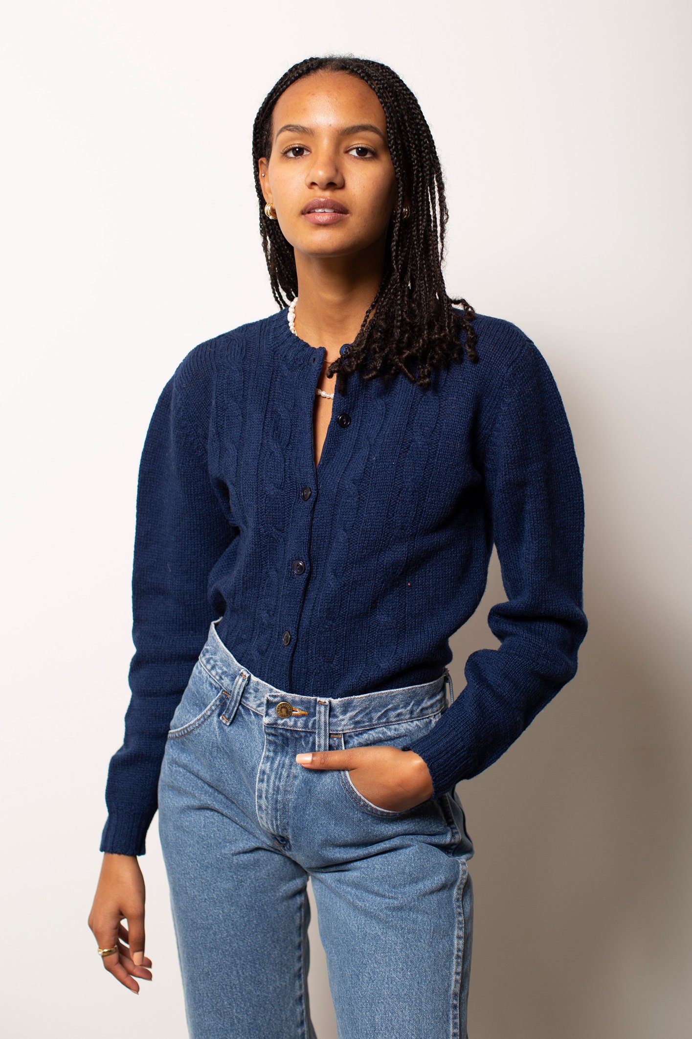 Washed Navy Cable Knit Cotton Sweater Cardigan