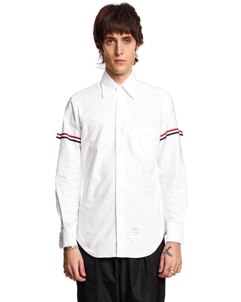 【関税&送料込】Thom Browne White T-Shirt With Tricolour Det Thom Browne Tricolor Shirt - white | Garmentory