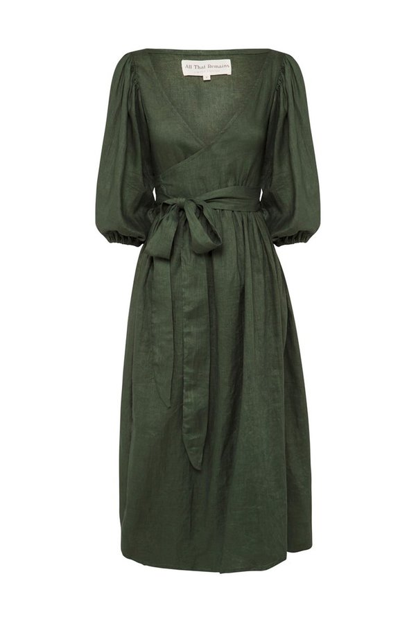 All That Remains Lia Linen Wrap Dress - Forest Green | Garmentory