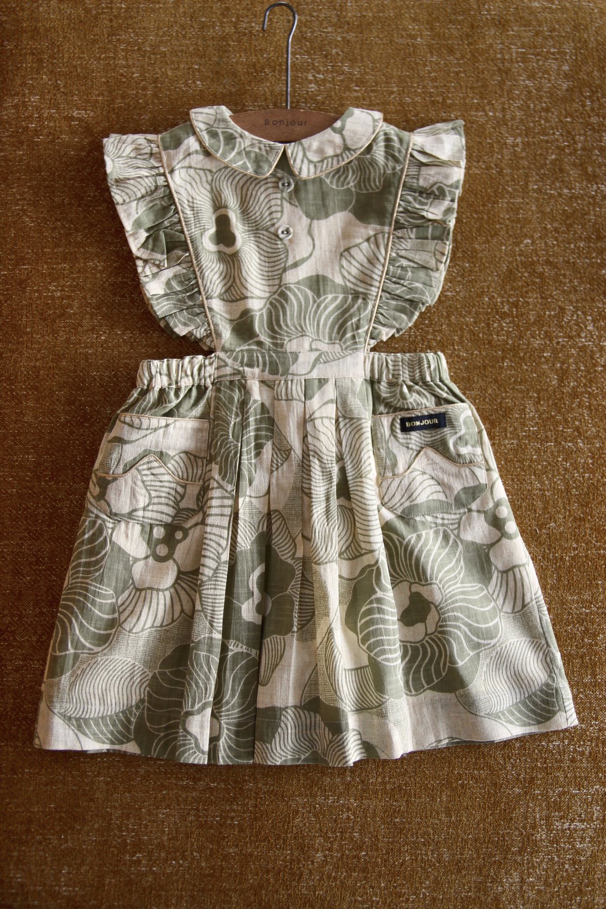 KIDS Bonjour Apron Pinafore Dress - Moss Flower | Garmentory