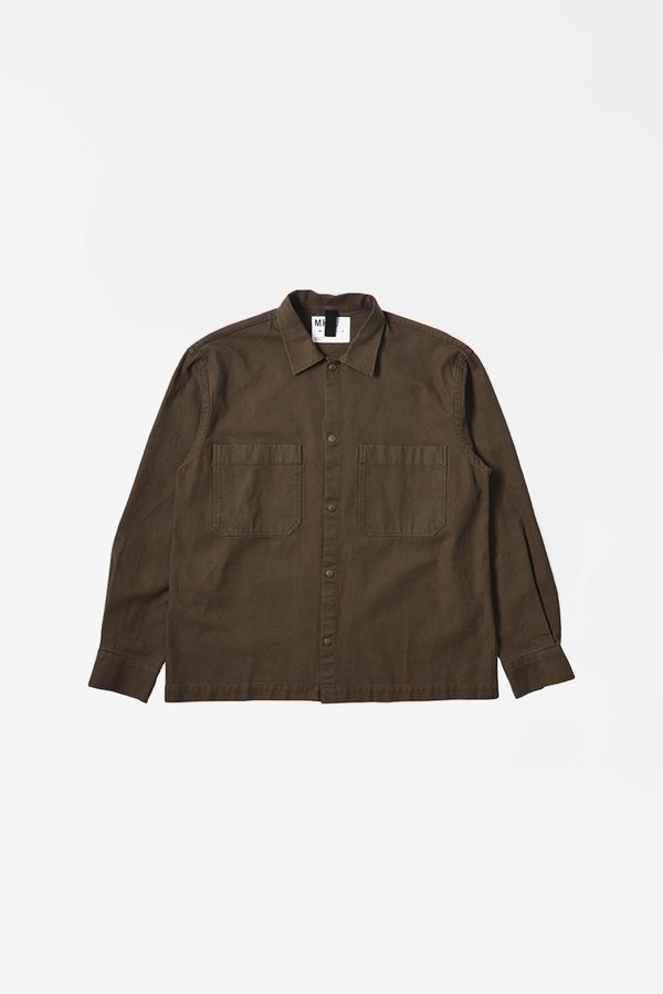Margaret Howell Offset placket shirt workwear cotton twill - bark