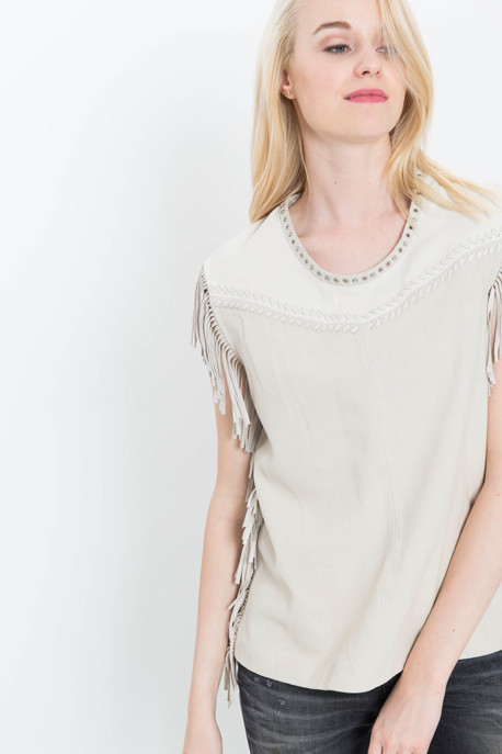 'Zuen' Sleeveless Suede Tee with Fringe 'Zuen' Sleeveless Suede Tee with Fringe