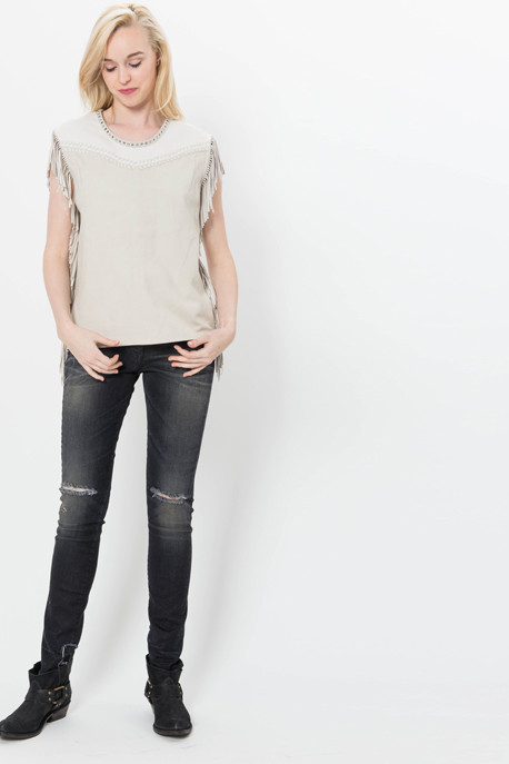 'Zuen' Sleeveless Suede Tee with Fringe 'Zuen' Sleeveless Suede Tee with Fringe