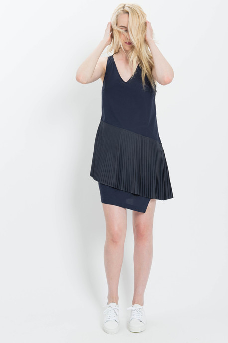 Derek Lam 10 Crosby 2 in 1 Sweatshirt Dress with Pleated Underpinning in Navy Derek Lam 10 Crosby 2 in 1 Sweatshirt Dress with Pleated Underpinning in Navy