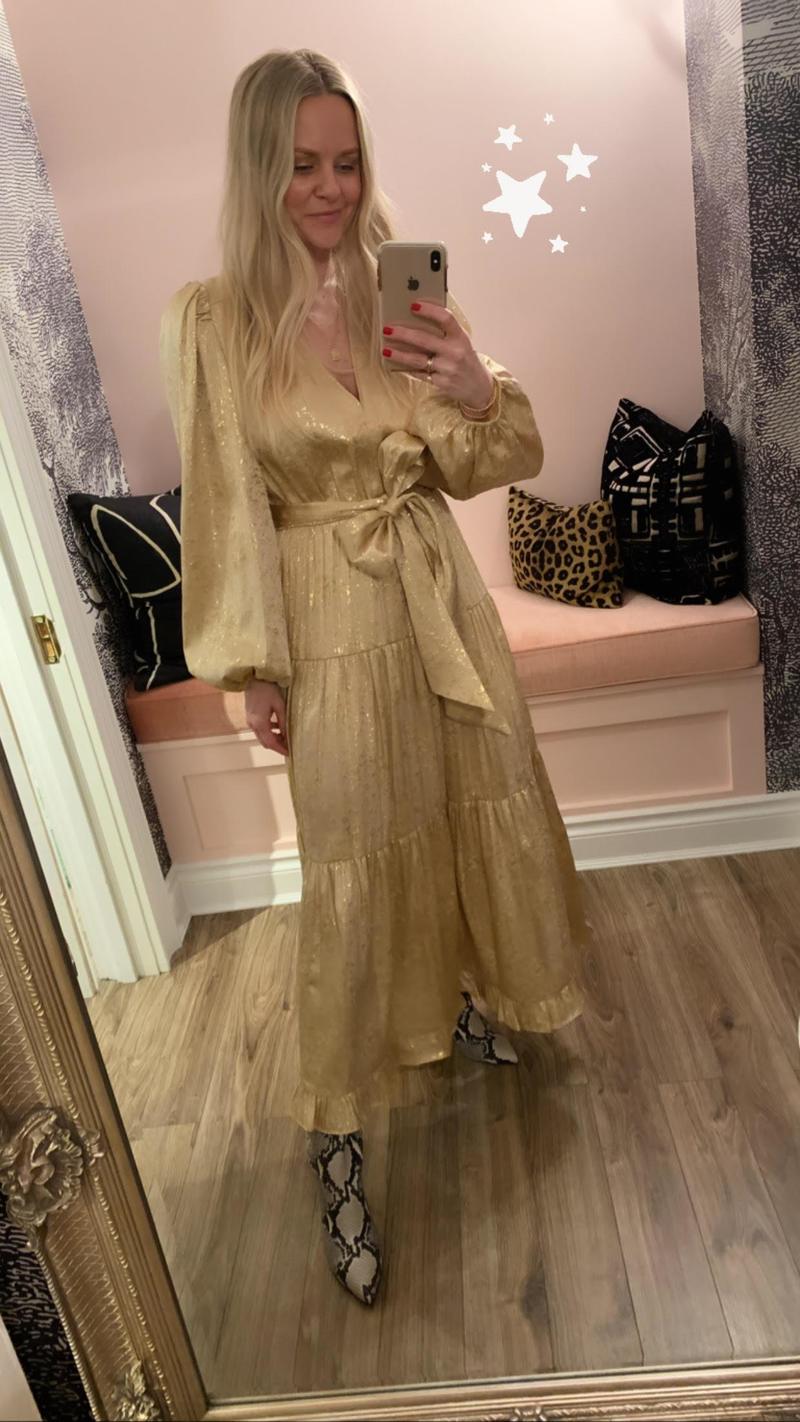 ulla johnson gold dress Claire Pleated Long Sleeve Mini Dress - Lumen Gold Satin Bell Sleeve Dress