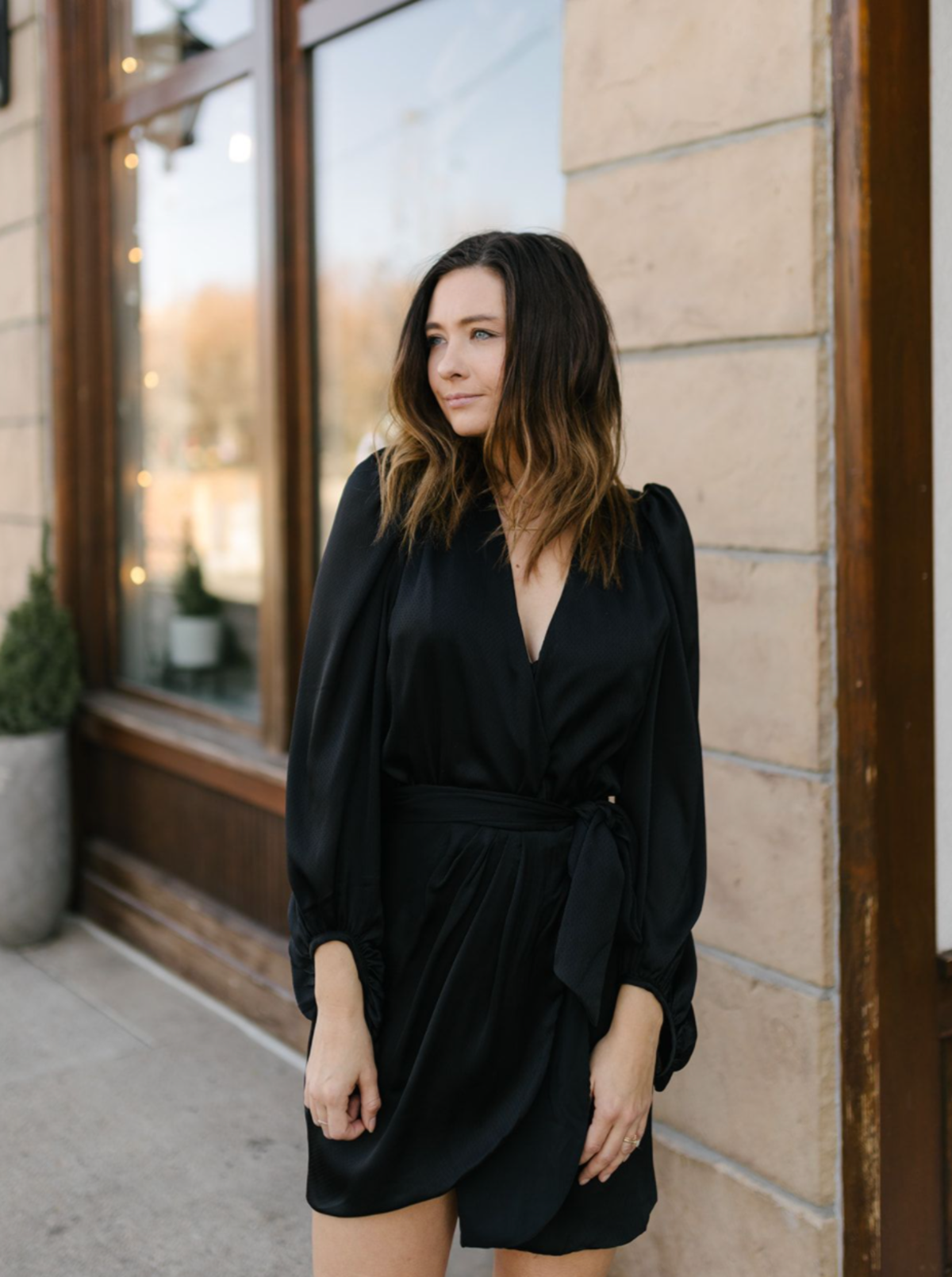 knee length dresses for ladies Black Satin Mini Wrap Dress S main image 0