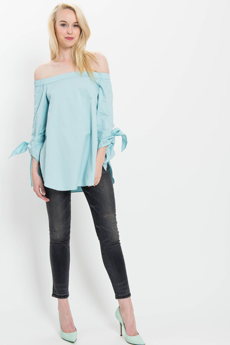 Satin Poplin Off the Shoulder Top in Aqua Satin Poplin Off the Shoulder Top in Aqua