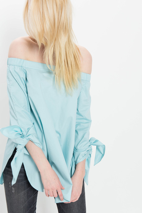 Satin Poplin Off the Shoulder Top in Aqua Satin Poplin Off the Shoulder Top in Aqua