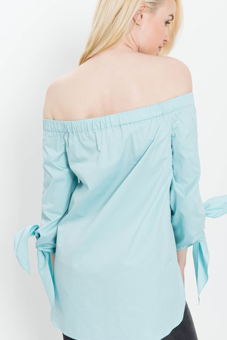 Satin Poplin Off the Shoulder Top in Aqua Satin Poplin Off the Shoulder Top in Aqua