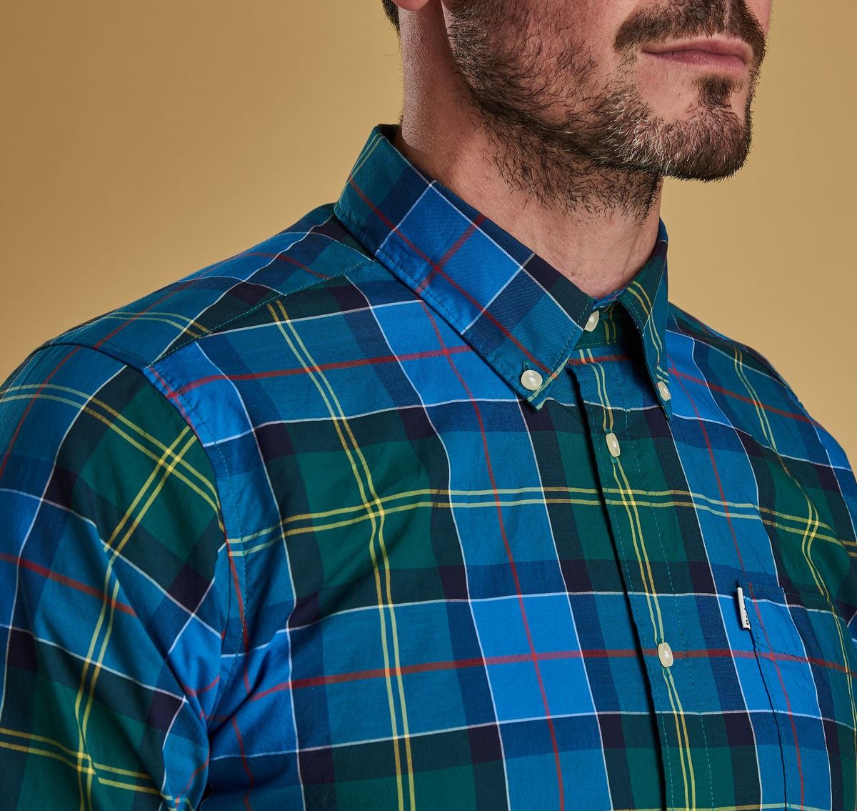 Barbour Mens Coll Tailored Fit Plaid Thermo Tech Button Down Shirt Blue Size Small