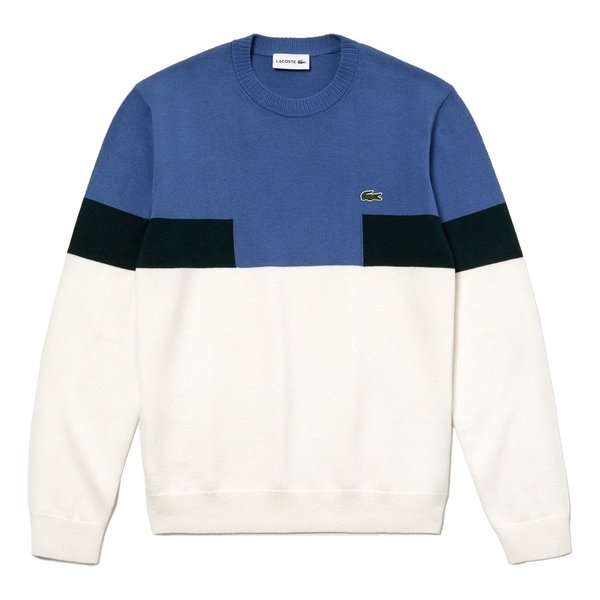 Lacoste Men's Crew Neck Colourblock Wool And Cotton Blend Sweater  White/Blue/Green