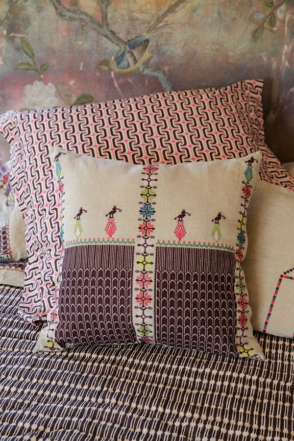 Erica Tanov Throw Pillow - Embroidered Natural Linen Erica Tanov Throw Pillow - Embroidered Natural Linen