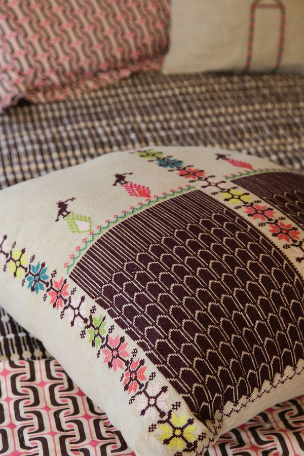 Erica Tanov Throw Pillow - Embroidered Natural Linen Erica Tanov Throw Pillow - Embroidered Natural Linen
