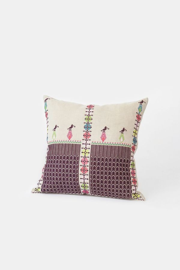 Erica Tanov Throw Pillow - Embroidered Natural Linen Erica Tanov Throw Pillow - Embroidered Natural Linen