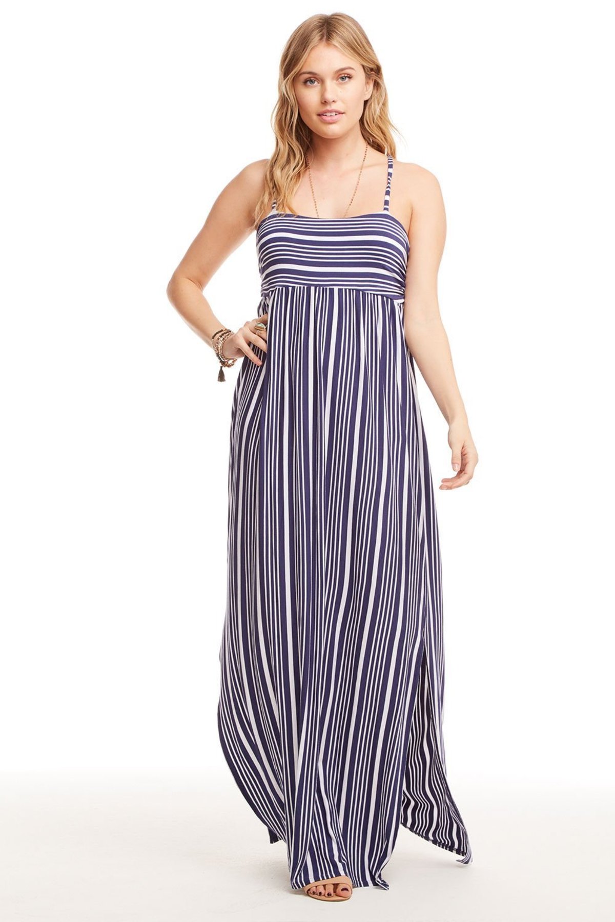 Chaser Cool Jersey T Back Ruched Maxi Dress with slits - Navy/White | Garmentory Chaser Cool Jersey T Back Ruched Maxi Dress with slits - Navy/White | Garmentory