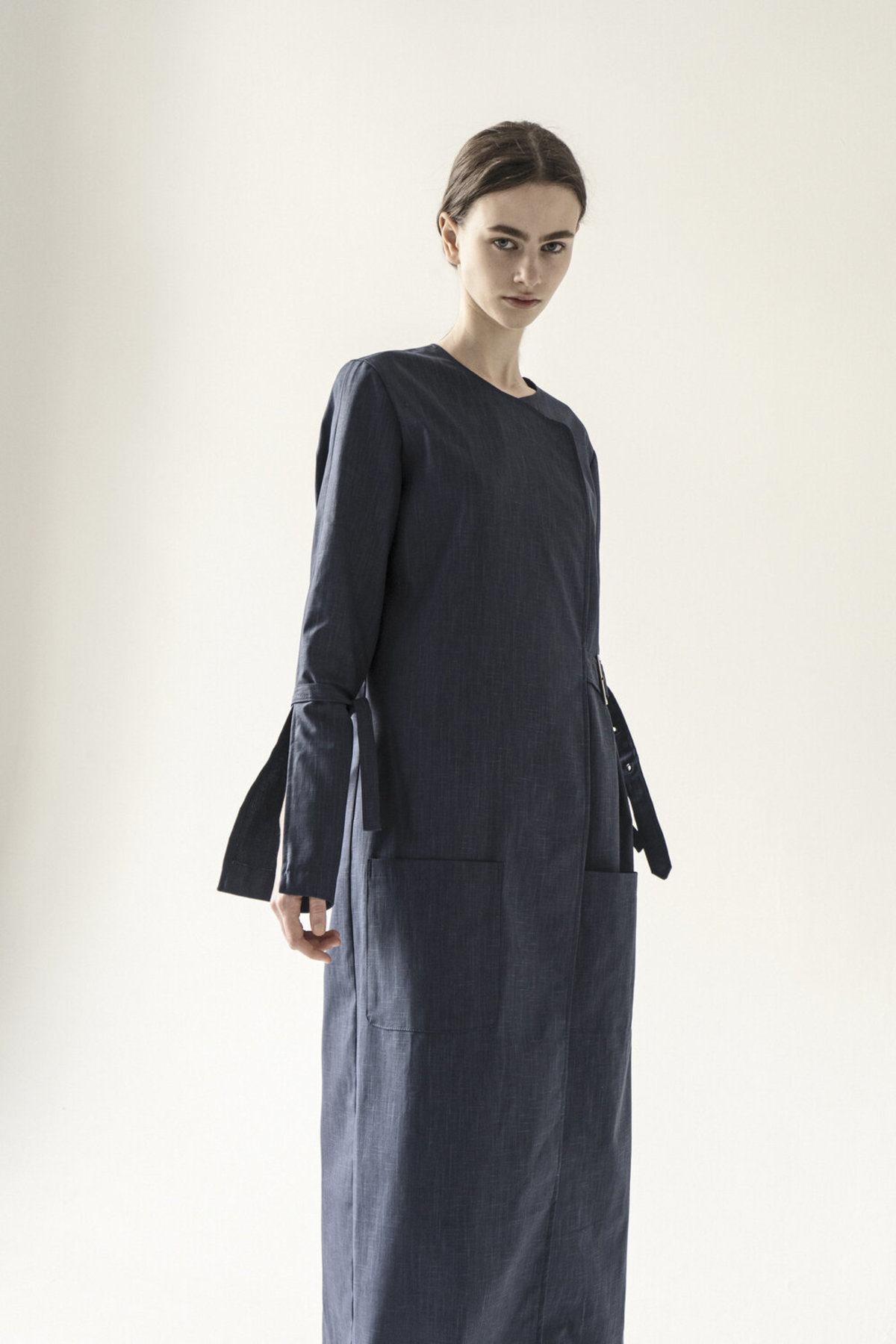 K M by L A N G E LONG BELTED DRESS - NAVY | Garmentory