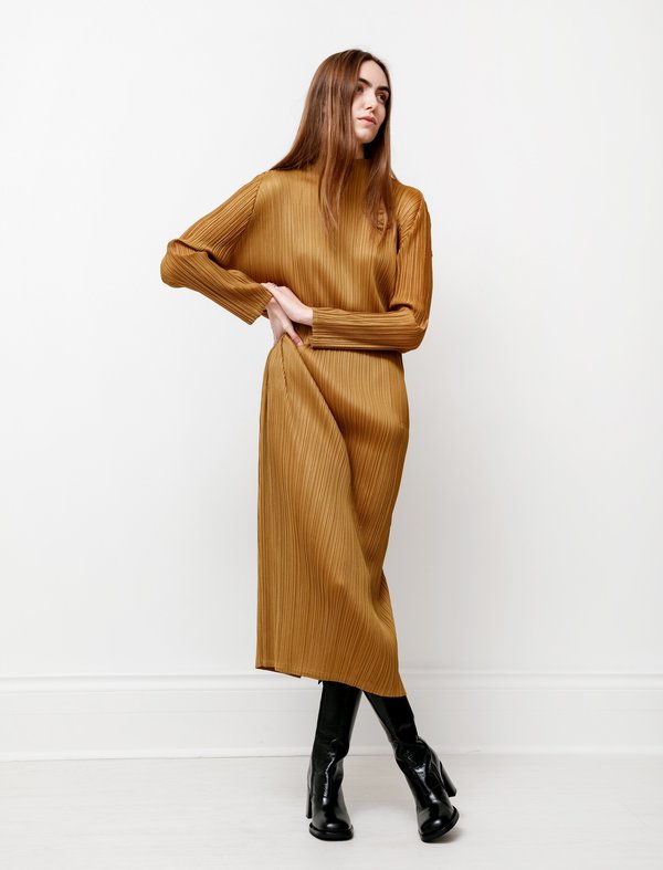 Pleats Please by Issey Miyake Mockneck Long Dress - Ochre | Garmentory