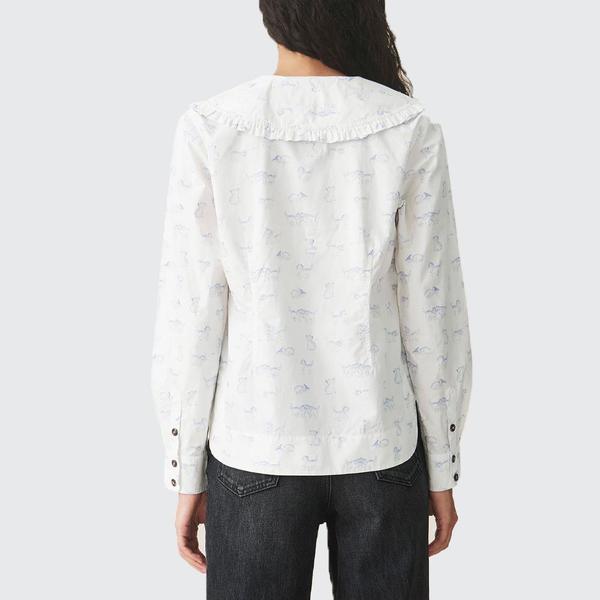 Ganni Printed Cotton V-neck Shirt | Garmentory