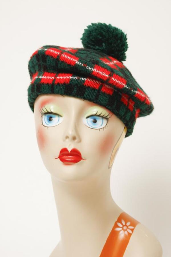 Green with red pompom beret Felt cap, forest green with red pompom 58cm main image 2