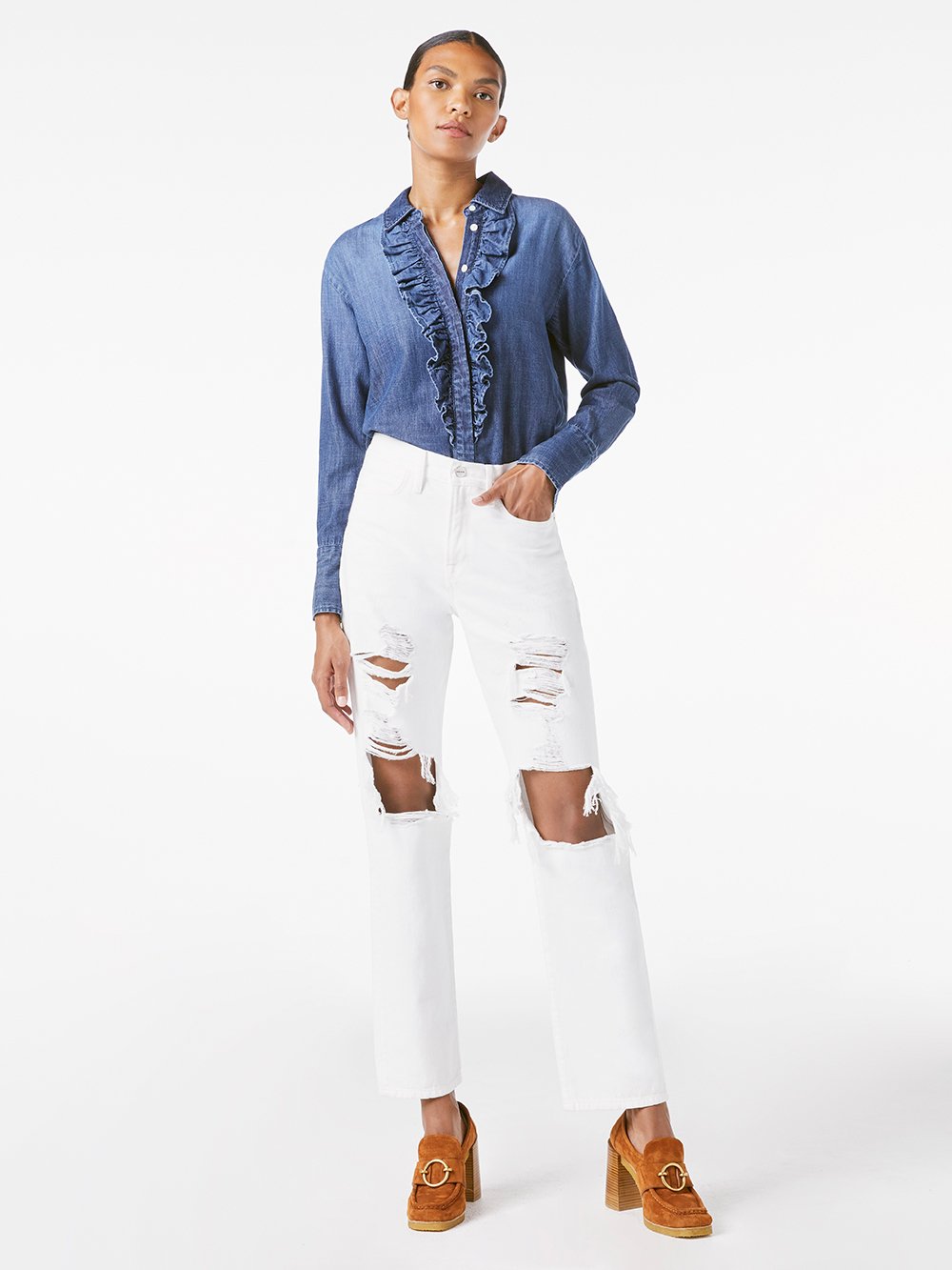 FRAME Denim Ruffle Tux Top - frame blue | Garmentory