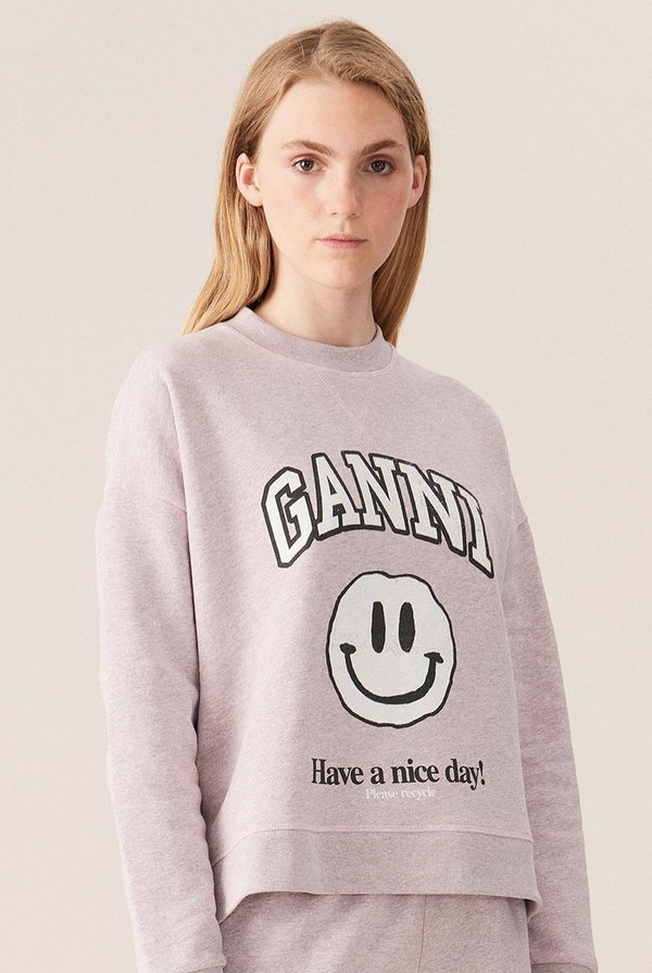 Ganni Isoli Smiley Dropped Shoulder Sweatshirt Lilac on Garmentory