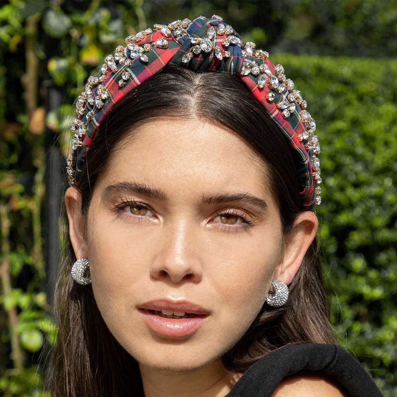 LeLe Sadoughi Red Plaid Mixed Crystal Headband | Garmentory display picture 1
