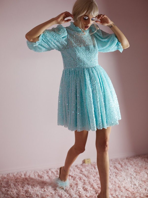 sachin and babi light blue dress Selkie The Ice Blue Sequin Royal Puff Shipping December 13th