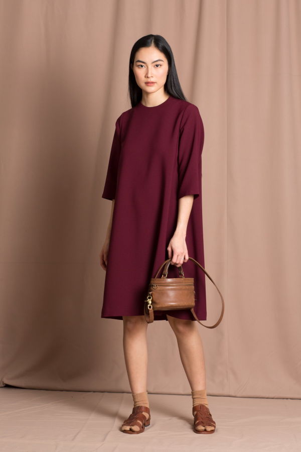 KAAREM Marya 3/4 Sleeve A-Line Dress - Burgundy