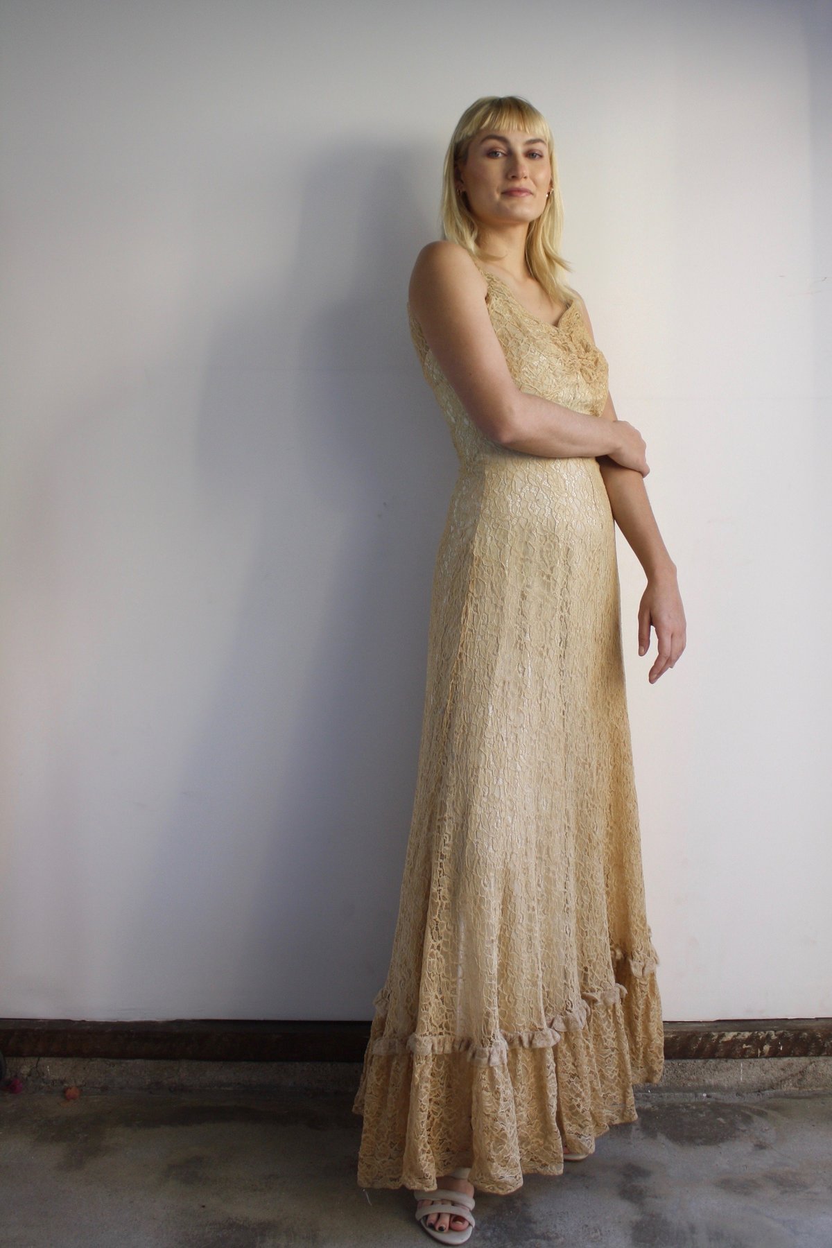 knee length dresses for ladies Vintage 1970s Cream Lace Maxi Dress – ALEXANDRA-KING main image 1