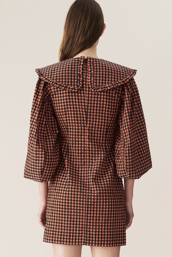 ganni red check mini dress Crinkled Taffeta Check Frill Mini Dress