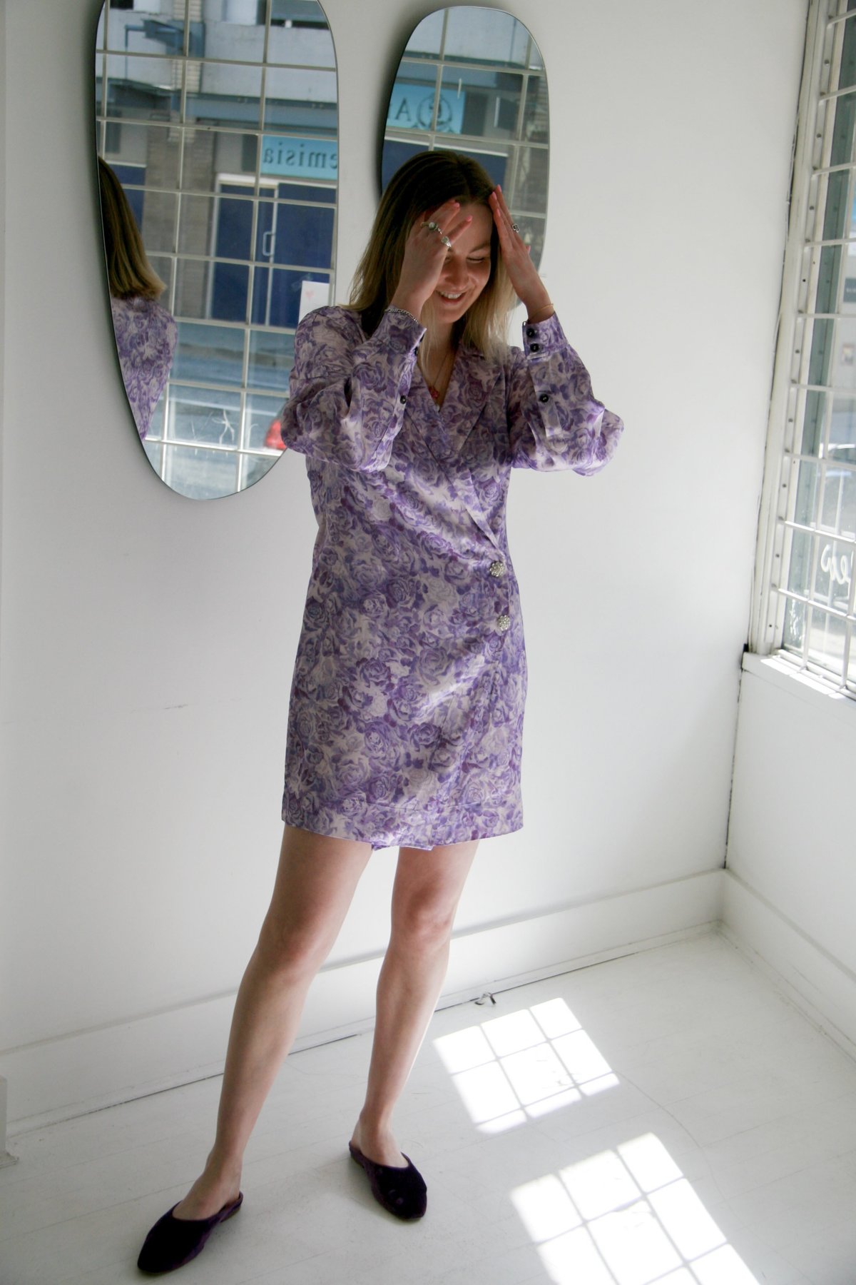 ganni purple floral dress GANNI Gathered floral-jacquard midi dress