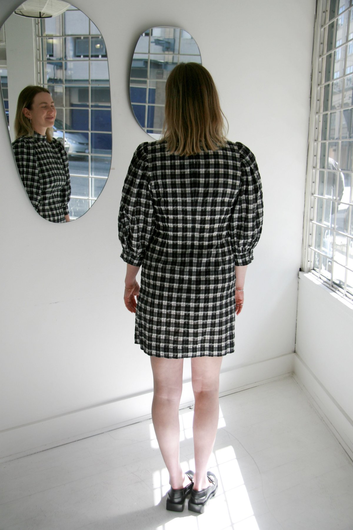 ★Ganni★ Stretch Seersucker Smoke Mini Dress Chicory Coffee GANNI Seersucker Smock Mini Dress in Chicory Coffee | endource