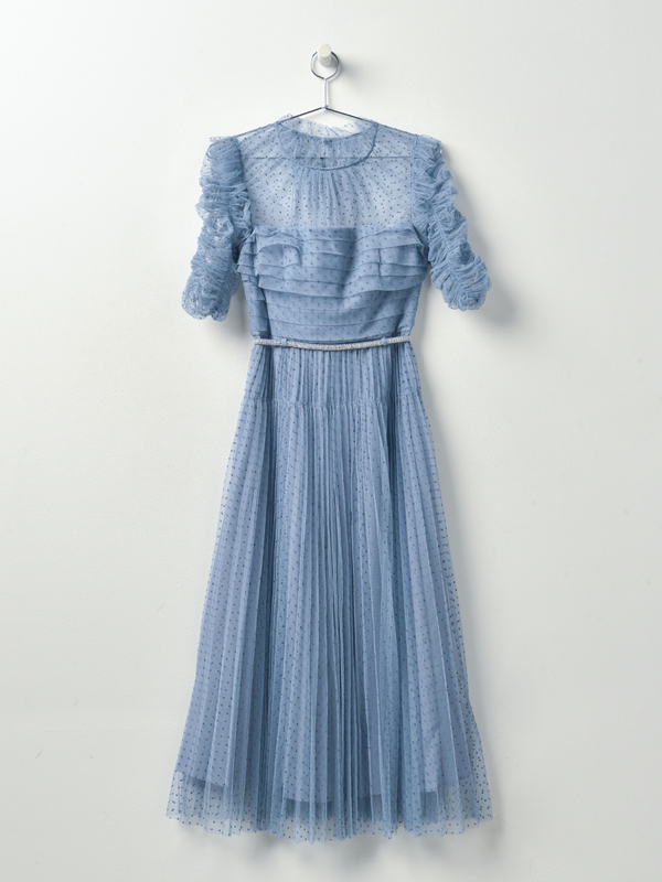 Self Portrait Dot Mesh Trim Midi Dress - Light Blue on Garmentory