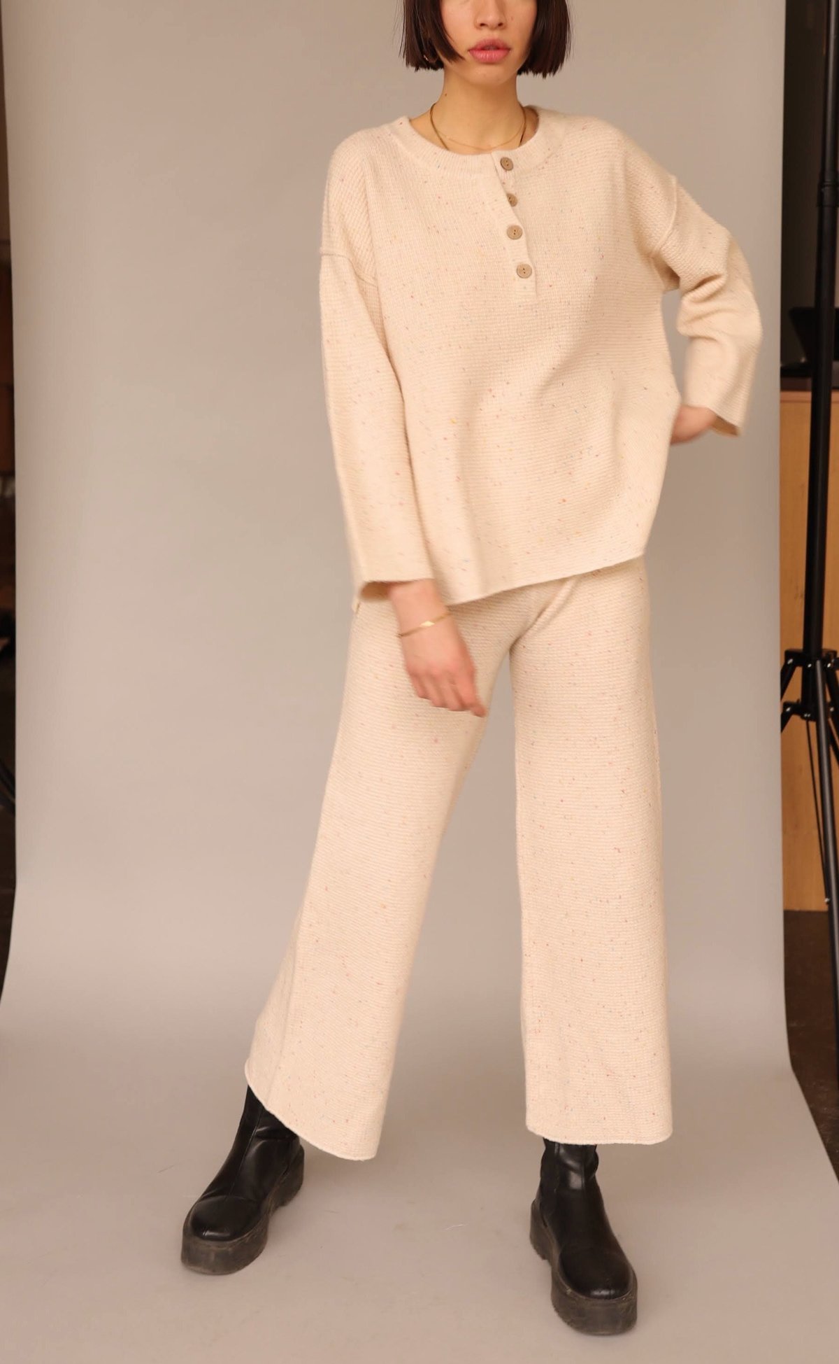 Lucca Couture Rye Speckle High Waist Sweater Knit Pants - Cream  - Image 2 of 2