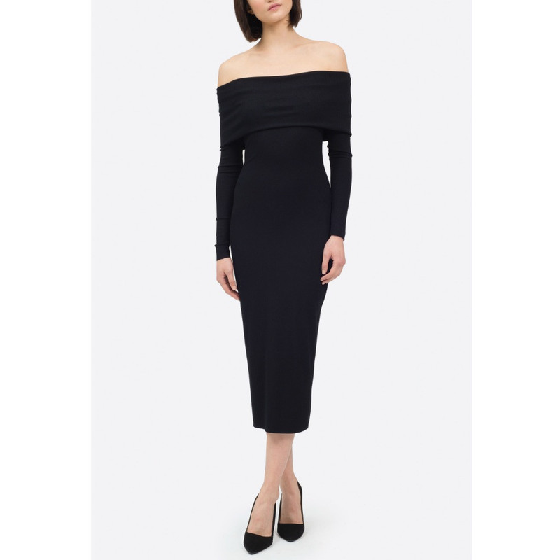 Nadia Tarr Black Rib Off The Shoulder Long Sleeve Pencil Dress | Garmentory