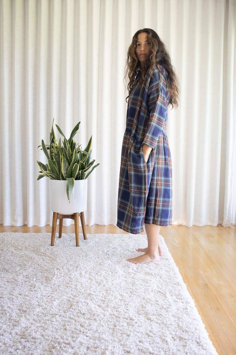 ICHI ANTIQUITES Linen Tartan Check Dress Navy Garmentory
