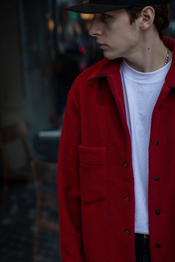 FOUR HORSEMEN Asymmetric Fleece Overshirt - Red/Moss FOUR HORSEMEN Asymmetric Fleece Overshirt - Red/Moss